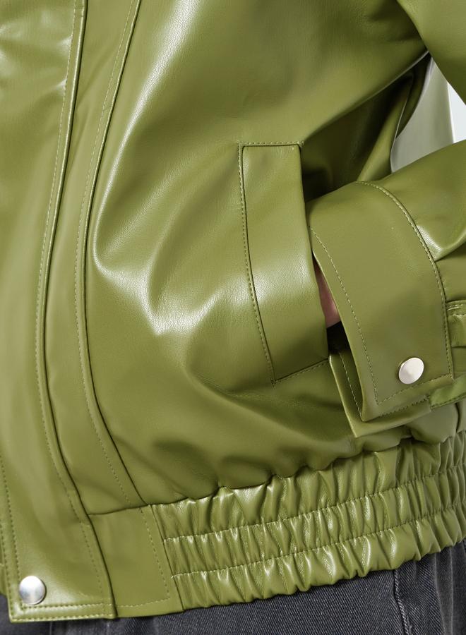 Take Two Women Olive Green Zip Up Faux Leather Jacket - Image 4